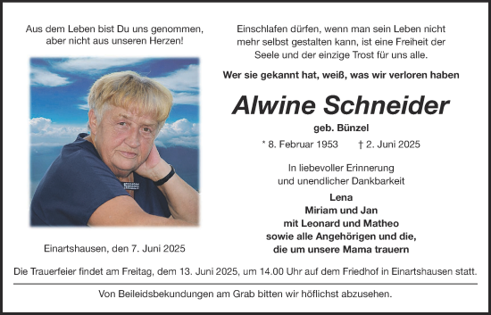 Traueranzeige von Alwine Schneider von Kreis-Anzeiger