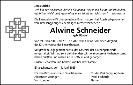 Traueranzeige von Alwine Schneider von Kreis-Anzeiger