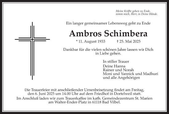 Traueranzeige von Ambros Schimbera von Bad Vilbel/Karben