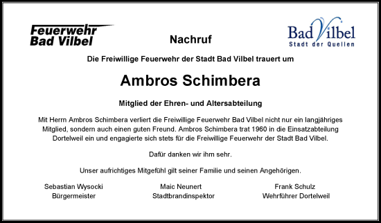 Traueranzeige von Ambros Schimbera von Bad Vilbel/Karben