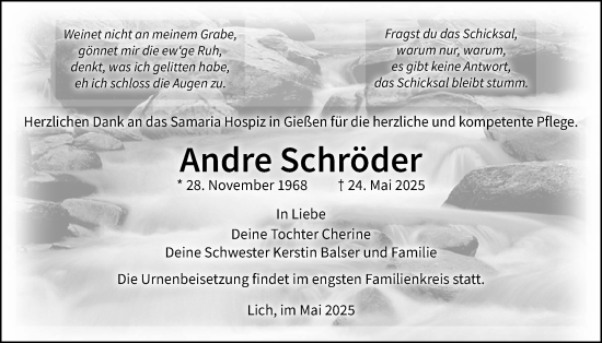 Traueranzeige von Andre Schröder von Licher Wochenblatt, Licher Wochenblatt