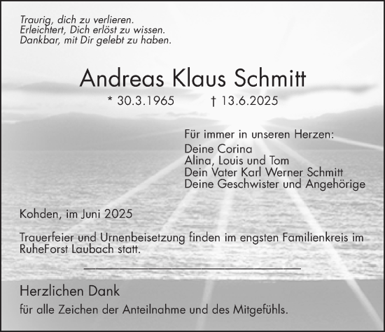 Traueranzeige von Andreas Klaus Schmitt von Kreis-Anzeiger