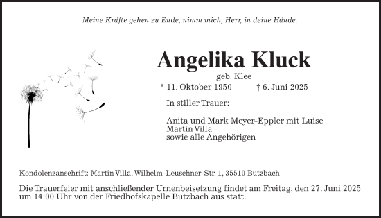 Traueranzeige von Angelika Kluck von Butzbacher Zeitung