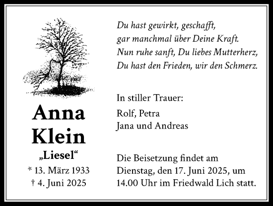Traueranzeige von Anna Klein von Licher Wochenblatt