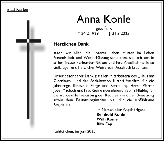 Traueranzeige von Anna Konle von Oberhessische Zeitung