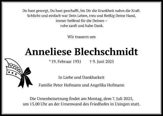 Traueranzeige von Anneliese Blechschmidt von Usinger Anzeiger