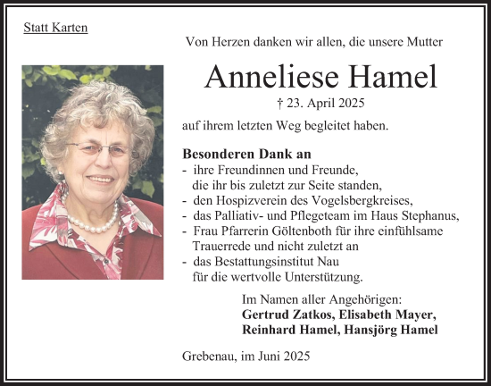 Traueranzeige von Anneliese Hamel von Oberhessische Zeitung