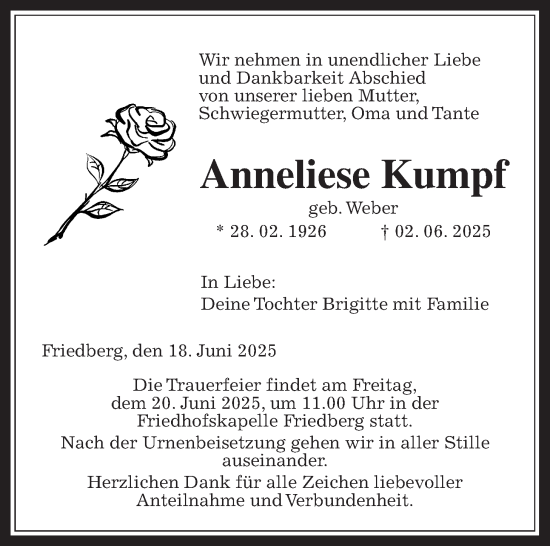 Traueranzeige von Anneliese Kumpf von Wetterauer Zeitung