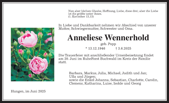 Traueranzeige von Anneliese Wennerhold von Butzbacher Zeitung