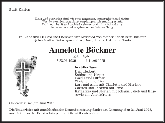 Traueranzeige von Annelotte Böckner von Oberhessische Zeitung