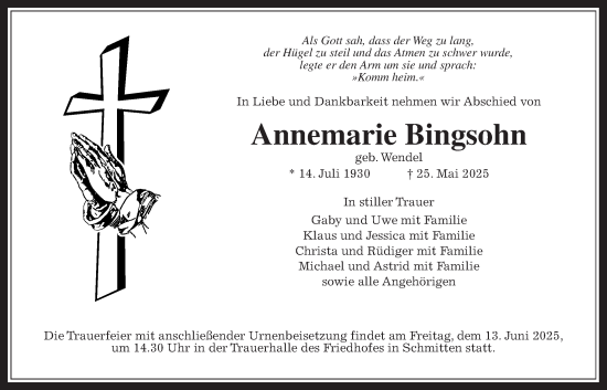 Traueranzeige von Annemarie Bingsohn von Usinger Anzeiger