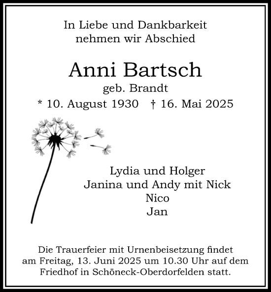 Traueranzeige von Anni Bartsch von Bad Vilbel/Karben
