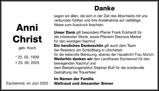 Traueranzeige von Anni Christ von Kreis-Anzeiger