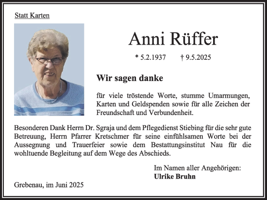 Traueranzeige von Anni Rüffer von Oberhessische Zeitung