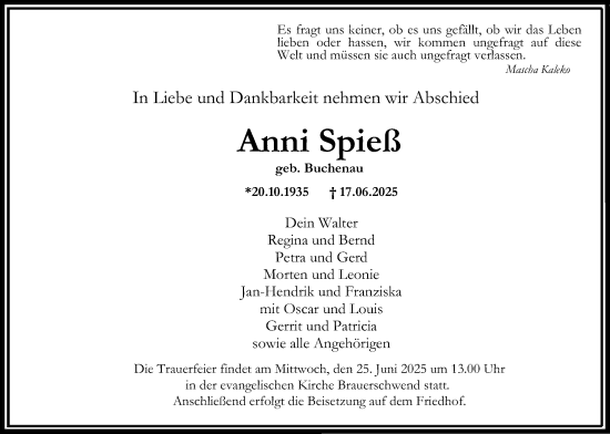 Traueranzeige von Anni Spieß von Oberhessische Zeitung