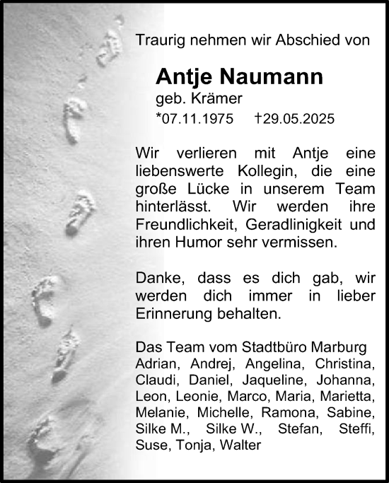Traueranzeige von Antje Naumann von Giessener Allgemeine, Alsfelder Allgemeine