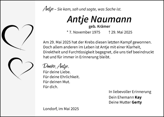 Traueranzeige von Antje Naumann von Giessener Anzeiger, Giessener Allgemeine, Alsfelder Allgemeine