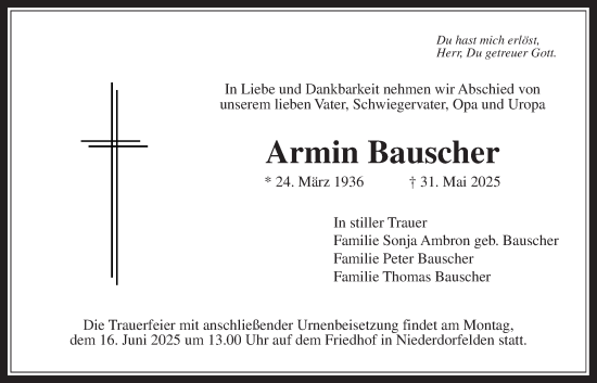 Traueranzeige von Armin Bauscher von Bad Vilbel/Karben