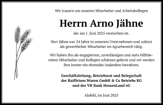 Traueranzeige von Arno Jähne von Oberhessische Zeitung