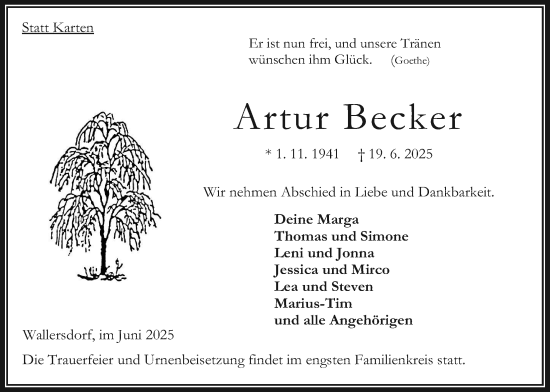 Traueranzeige von Artur Becker von Oberhessische Zeitung