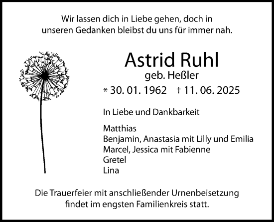 Traueranzeige von Astrid Ruhl von Licher Wochenblatt, Licher Wochenblatt