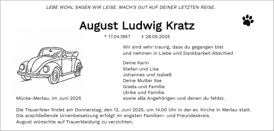 Traueranzeige von August Ludwig Kratz von Mücker Stimme, Mücker Stimme, Giessener Allgemeine, Alsfelder Allgemeine