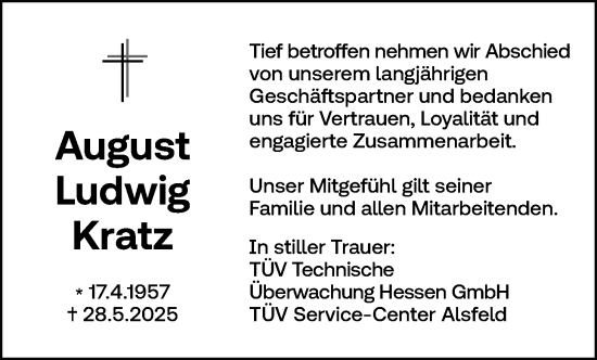 Traueranzeige von August Ludwig Kratz von Alsfelder Allgemeine, Oberhessische Zeitung