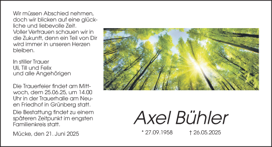 Traueranzeige von Axel Bühler von Mücker Stimme, Giessener Anzeiger, Giessener Allgemeine, Alsfelder Allgemeine, Giessener Allgemeine, Alsfelder Allgemeine, Giessener Anzeiger