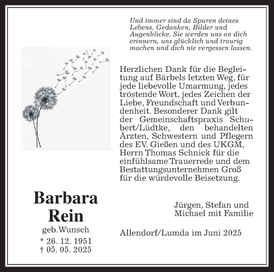 Traueranzeige von Barbara Rein von Allendorfer Mitteilungen