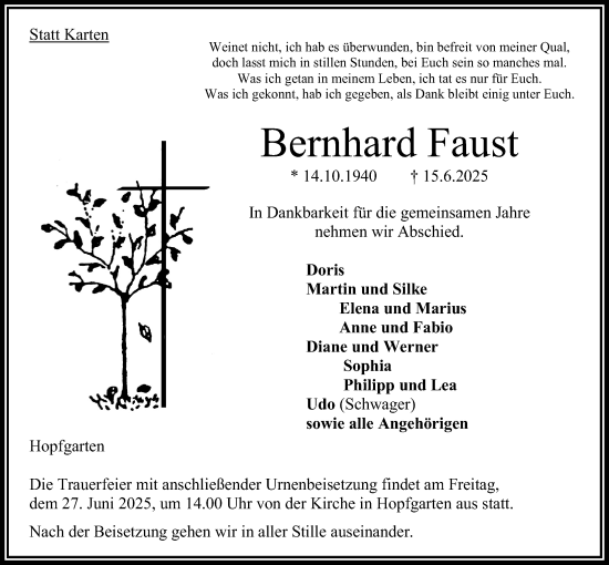 Traueranzeige von Bernhard Faust von Oberhessische Zeitung