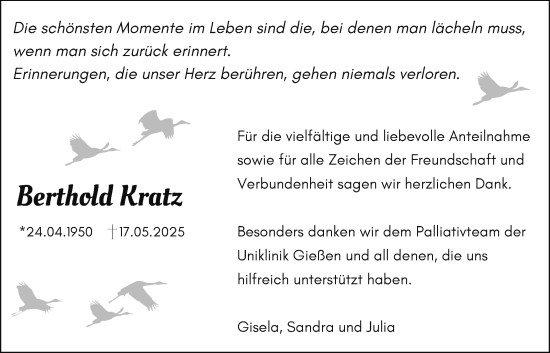 Traueranzeige von Berthold Kratz von Giessener Allgemeine, Alsfelder Allgemeine, Mücker Stimme