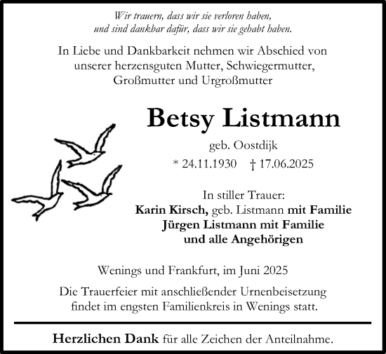 Traueranzeige von Betsy Listmann von Kreis-Anzeiger