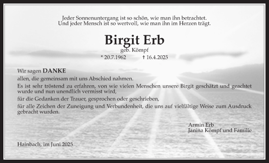 Traueranzeige von Birgit Erb von Oberhessische Zeitung, Alsfelder Allgemeine