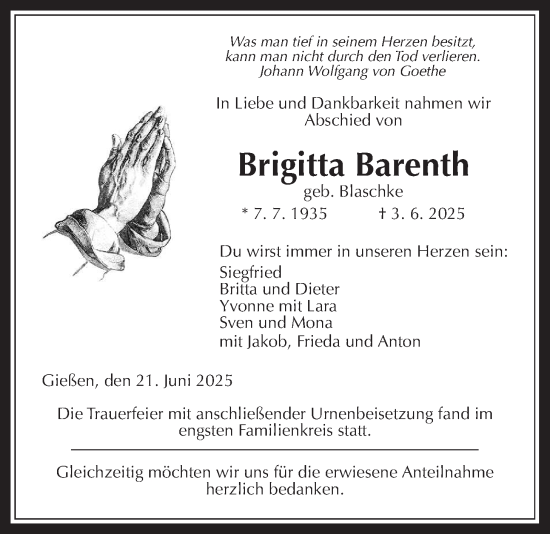 Traueranzeige von Brigitta Barenth von Giessener Anzeiger, Giessener Allgemeine, Alsfelder Allgemeine