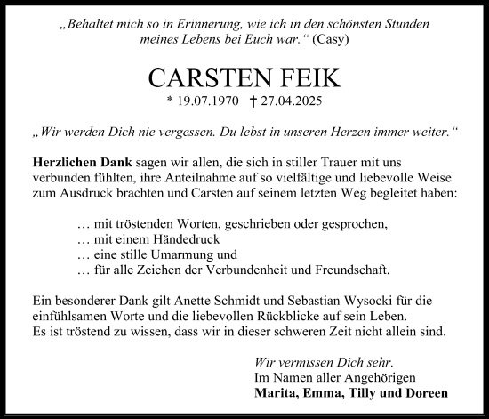 Traueranzeige von Carsten Feik von Bad Vilbel/Karben
