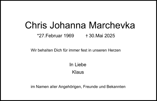 Traueranzeige von Chris Johanna Marchevka von Bad Vilbel/Karben