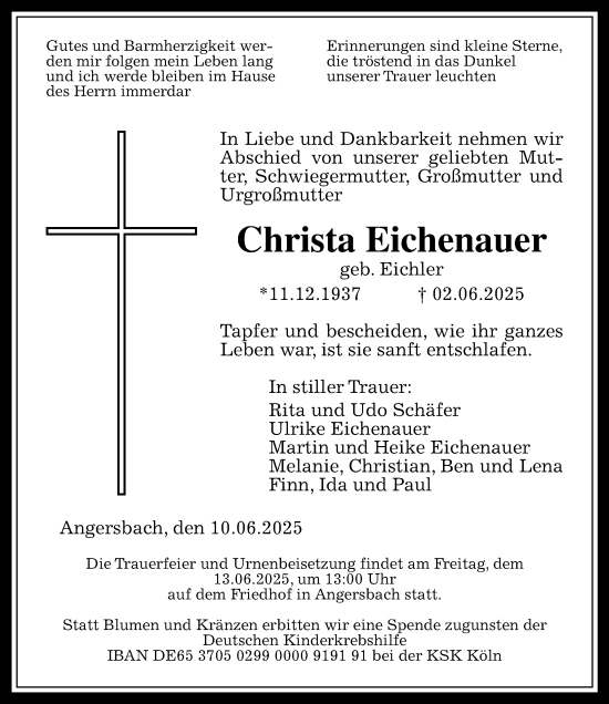 Traueranzeige von Christa Eichenauer von Lauterbacher Anzeiger