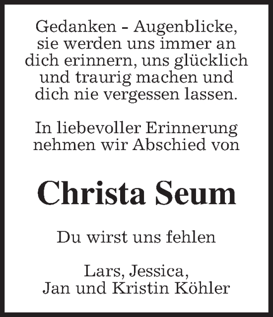 Traueranzeige von Christa Seum von Kreis-Anzeiger