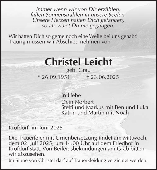 Traueranzeige von Christel Leicht von Giessener Allgemeine, Alsfelder Allgemeine