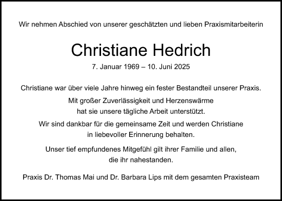 Traueranzeige von Christiane Hedrich von Lauterbacher Anzeiger
