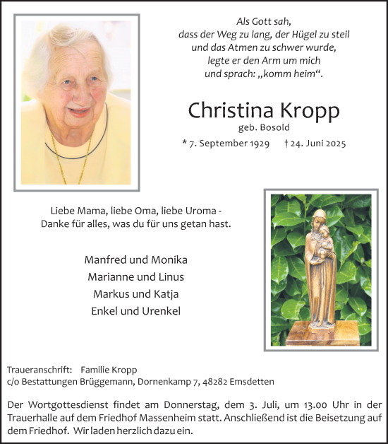 Traueranzeige von Christina Kropp von Wetterauer Zeitung