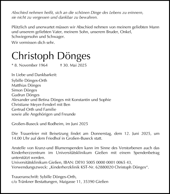 Traueranzeige von Christoph Dönges von Giessener Allgemeine, Alsfelder Allgemeine