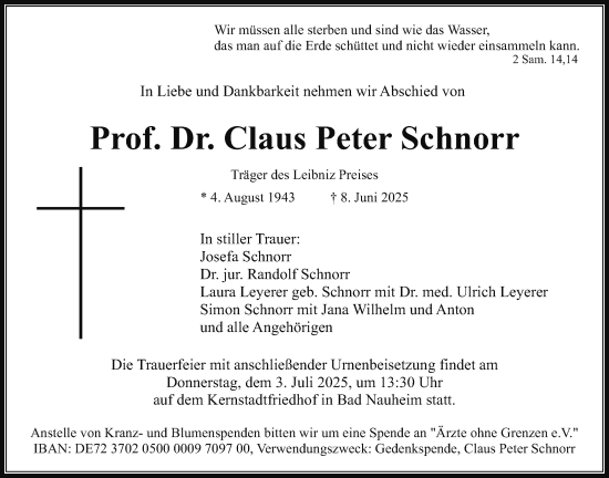 Traueranzeige von Claus Peter Schnorr von Wetterauer Zeitung