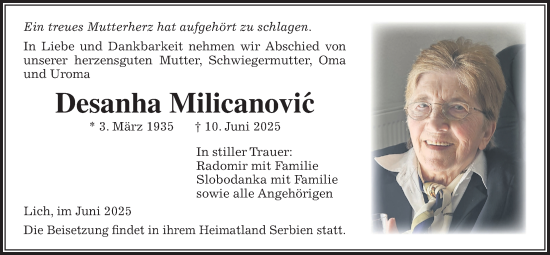 Traueranzeige von Desanha Milicanovic von Licher Wochenblatt, Licher Wochenblatt