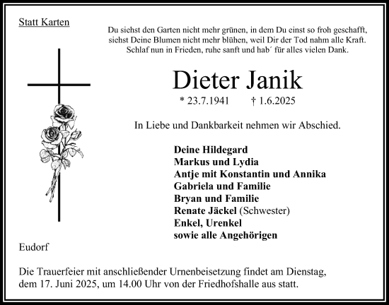 Traueranzeige von Dieter Janik von Oberhessische Zeitung