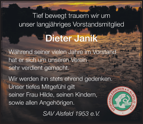 Traueranzeige von Dieter Janik von Oberhessische Zeitung