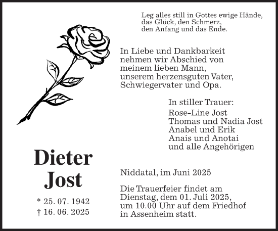 Traueranzeige von Dieter Jost von Wetterauer Zeitung