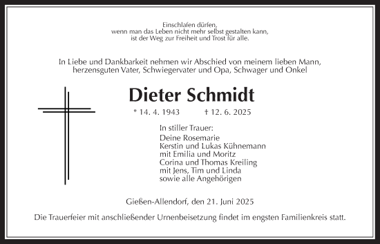Traueranzeige von Dieter Schmidt von Giessener Allgemeine, Alsfelder Allgemeine