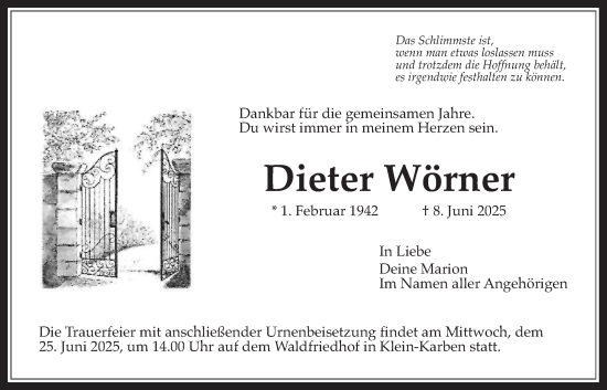 Traueranzeige von Dieter Wörner von Bad Vilbel/Karben