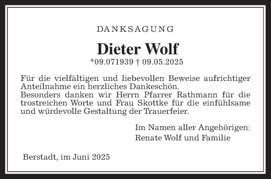 Traueranzeige von Dieter Wolf von Wetterauer Zeitung